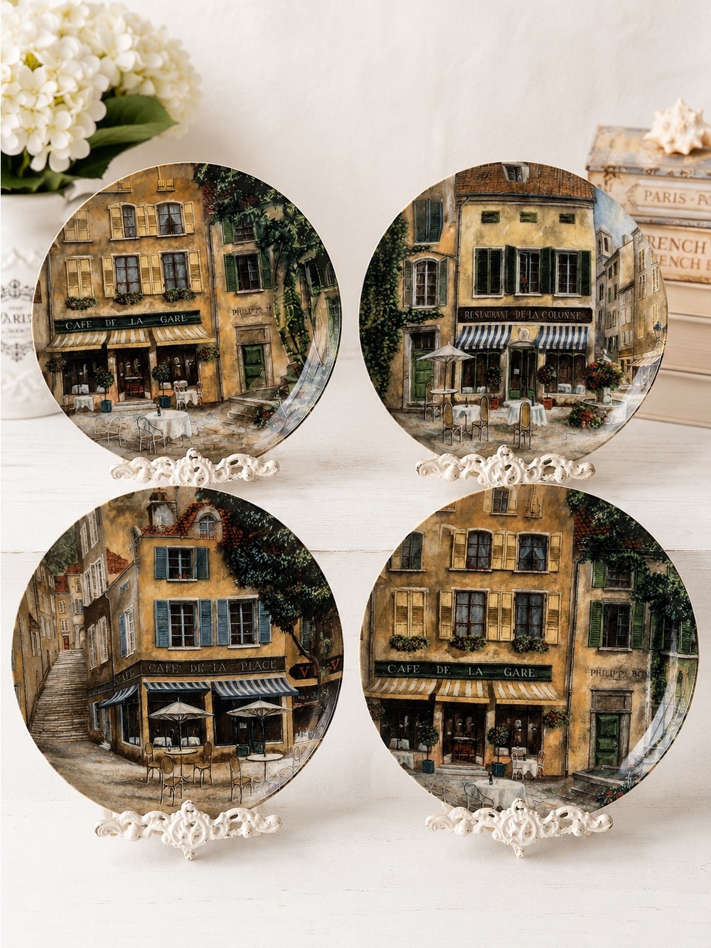 222 FIFTH French Cafes Plate Set of 4 Decorative French Country Fine China NIB